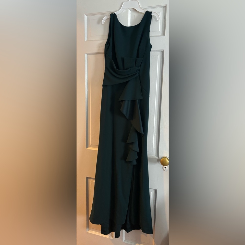 Betsy & Adam Scuba Crepe Boat Neck 
Cascading Ruffle Gown